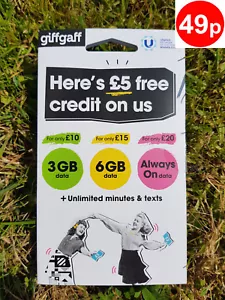 Giffgaff Giff Gaff Nano/Micro/Standard 3 w 1 SIM GRATIS 5 GBP kredyt 4G 3G 2G GSM UK - Zdjęcie 1 z 3