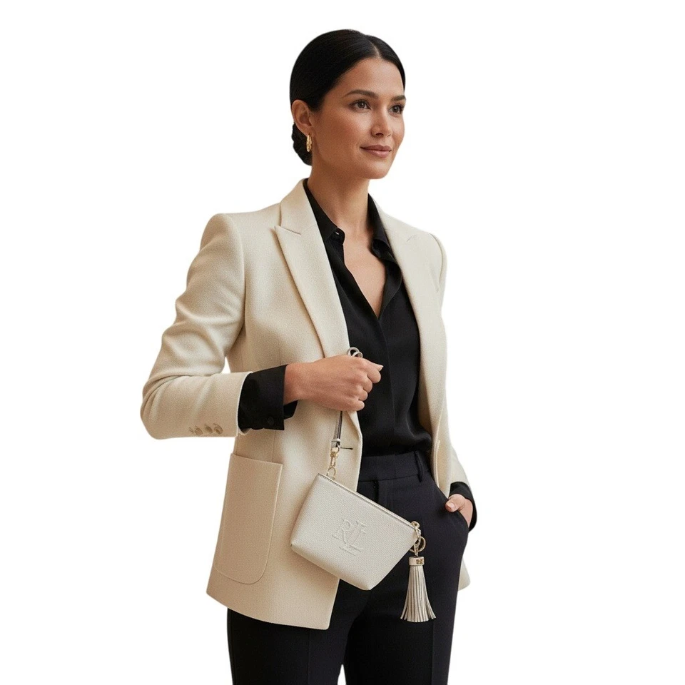 Ralph Lauren Cream Leather Cosmetic Pouch with Tassel Gold Hardware Makeup Bag - Image 1 of 4