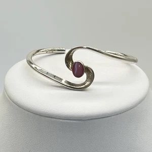 Vintage Mexico 925 Silver Pink Cat’s Eye Cabochon Open Cuff Bracelet S/M Wrist - Picture 1 of 6