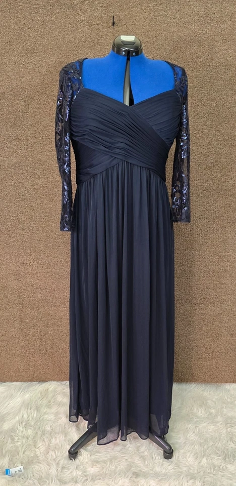 Adrianna Papell Embroidered Sequin Gown Navy Sz 16 Pre-Owned - Image 1 of 4