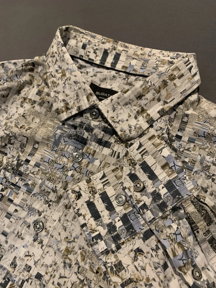 Bugatchi Shaped-Fit Comfort Stretch Shirt Mens XL White patchwork pattern - Image 1 of 4