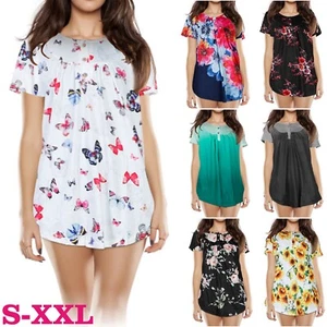 Women Round Neck Loose Short Sleeve T Shirts Casual Floral Printed Button Blouse - Picture 1 of 25