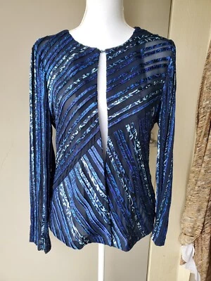 Chicos Travelers 0 Jacket Women Small Blue Black Ribbon Knit Julianne Mesh Satin - Image 1 of 4