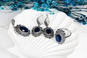 Echt Silber Hurrem Sultans osmanischer Stil Saphir wie Schmuckset für Damen - Bild 1 von 16