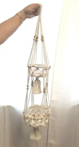 Vintage Handmade Macrame Ivory Hanging Two Plant Holder W/ Rings - Picture 1 of 3