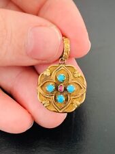 15ct gold ruby turquoise locket back pendant, Mid-Victorian 