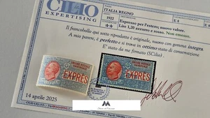Francobollo Regno D'Italia EXPRES Lire 1,20 Azzurro/Rosso - Certificato - Foto 1 di 7