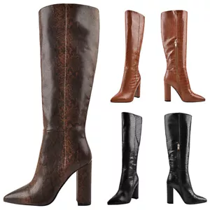 Onlymaker Women's Pointed Toe Zip Up Chunky High Heel Knee High Cowgirl Boots - Picture 1 of 26