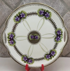 Antique Bavaria PM Collector Plate Purple Flowers Handled Dinner Plate Tray 10" - Picture 1 of 10