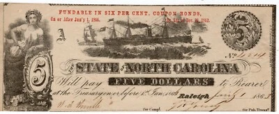 NC CR-124 1863 $5 North Carolina Paper Money - Civil War! - Image 1 of 2