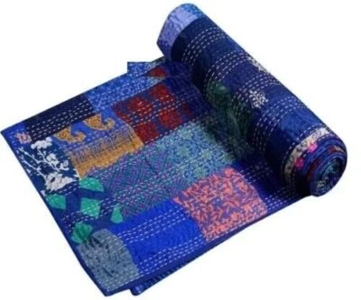 Edredón Kantha de seda hecho a mano indio con retazos tamaño doble manta cubierta de cama Foto 1 de 4
