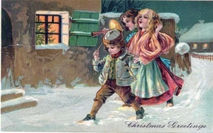 CHRISTMAS - Children Walking In Snow Christmas Greetings PFB Postcard - Picture 1 of 2