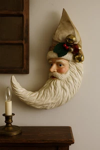 Vintage Santa Luna Cara Pared Placa Oro Sombrero Navidad Colgante de Pared Taiwán - Imagen 1 de 7