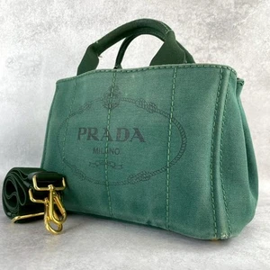 PRADA Canapa Canvas 2WAY Tote Bag Green Triangle Logo Used Auth Excellent+ JAPAN - Picture 1 of 20