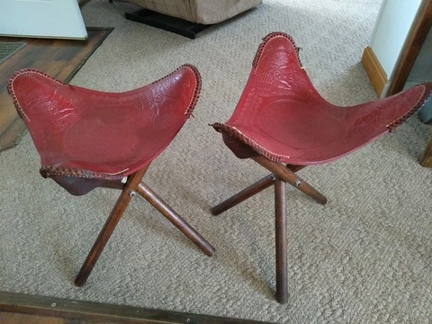 2 Vintage Hand Tooled Leather Camping Stools Cover