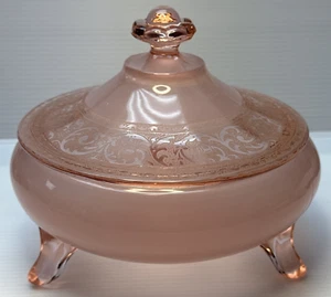 Vtg Cambridge Glass #725 Etched Pink Clambroth Flower Footed Candy Powder Jar - Picture 1 of 17