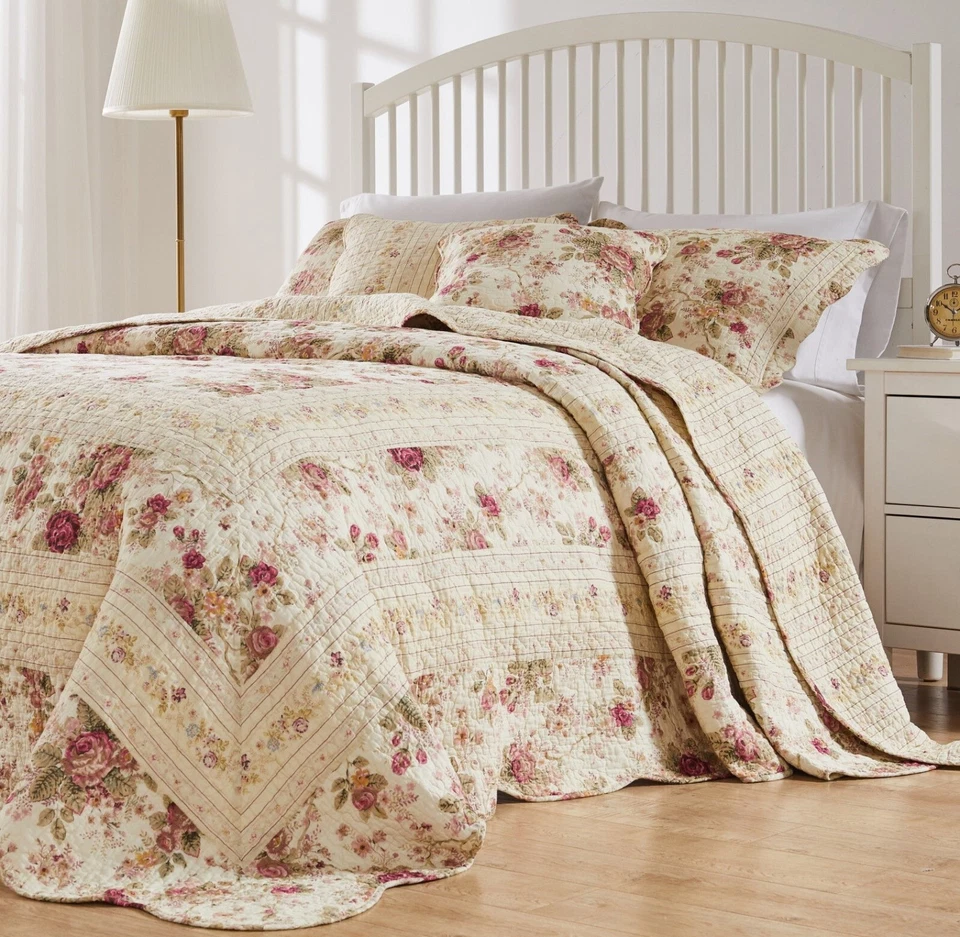 ANTIQUE ROSE XXL 3p Cal King BEDSPREAD QUILT SET : YELLOW SHABBY VINTAGE COTTAGE - Image 1 of 4