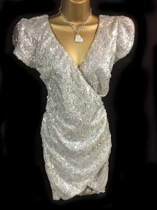 Amy Silver Gold Sequin Wrap Dress 10 Puff Sleeve Occasion Party Xmas Christmas - Picture 1 of 16
