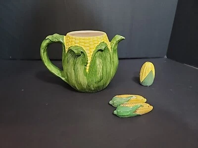Vintage Dolomite Corn Husk Decorator Tea Pot No Lid And Corn Cobb Shakers - Image 1 of 4