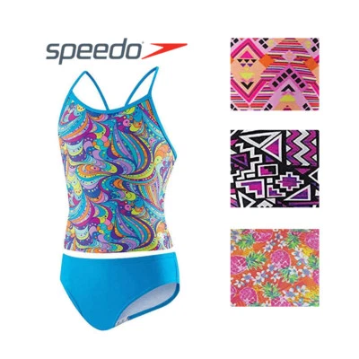 Speedo Girls' Sporty Splice Tankini 2-Piece Swimsuit - Pink, Purple, Blue - Image 1 of 4