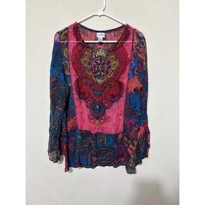 Top túnica Chico's 100 % seda con cuentas talla 2/grande medallón transparente cachemira boho Foto 1 de 4