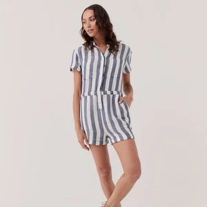 Pact The Harbour Romper Mariner Stripe Blue Hemp M Sustainable Eco-friendly - Picture 1 of 12
