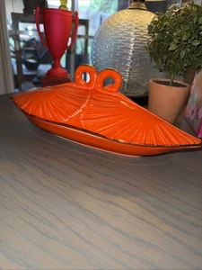 Vintage California Pottery G30 USA Candy Dish MCM Red Orange Chipped Lid & Bowl - Picture 1 of 11