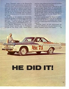 1964 PLYMOUTH HEMI SPORT FURY - NORM THATCHER AT BONNEVILLE ~ GREAT ARTICLE / AD - Picture 1 of 2