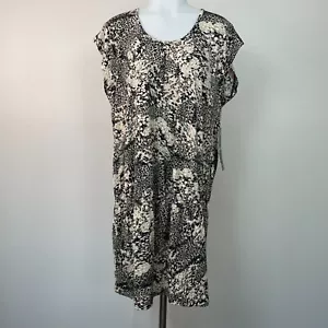 Kensie Dress Large Black Beige Animal Print Elastic Waist Stretch Women's NWT - Picture 1 of 12
