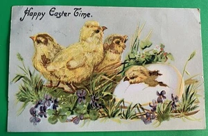 Chicks Egg & Flowers ~ Easter Postcard ~ Posted 1908 ~ Divided Back ~ Embossed - Picture 1 of 2