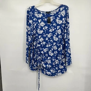 NWT Lane Bryant Top Women’s Sz 22/24 W Royal Blue Floral Long Sleeve Ruching - Picture 1 of 9