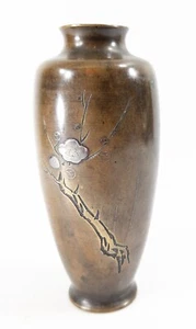 Antique Japanese Mixed Metal Bronze Vase with Prunus Decoration Incised Silver - Picture 1 of 7