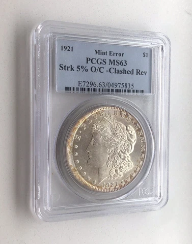 1921 MORGAN SILVER DOLLAR 5% OFF CENTER - CLASHED REV MULTIPLE ERROR PCGS MS 63 Cover