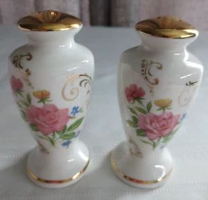 Vintage Porcelain Salt & Pepper Shakers Roses & Gold Designs - Picture 1 of 7