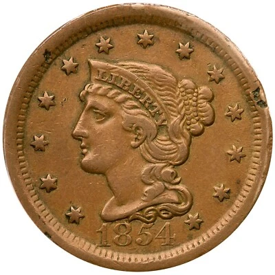 1854 N-21 R-2 ANACS VF 30 Braided Hair Large Cent Coin 1c - Image 1 of 2