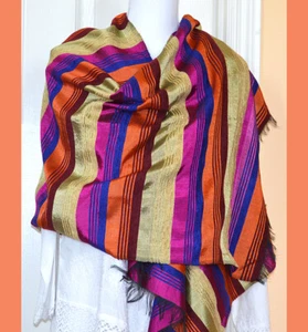 Moroccan Cactus Silk Orange Gold Dark Pink Color Striped Wrap Stole from Morocco - Picture 1 of 6