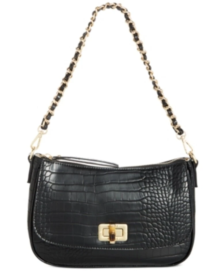 Inc International Concepts Womens Holliee Crossbody Bag Black Gold Flap Croc