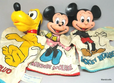 Disney Minnie Mickey Pluto Marioneta de Mano x 3 Tela Vinilo WDP Años 60 Corea De Colección Como Está Foto 1 de 4