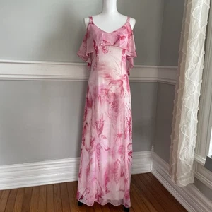 Roman Originals Women Cold Shoulder Chiffon Floral Maxi Dress Tropical Pink 10 - Picture 1 of 13