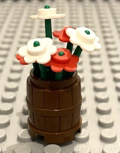 Lego Minifiguren BLUMENTOPF Fass mit roten & weißen Blumen grünen Pflanzenstielen - Bild 1 von 1