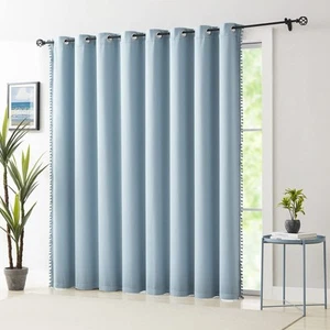 100% Blackout Curtain Blue Sliding Door Curtains Pom Pom Glass Door Curtains ... - Picture 1 of 9