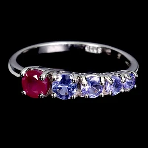 925 Sterling Silver Ring Round Ruby 4.5mm Tanzanite Gemstone Jewelry Size 7 - Picture 1 of 14