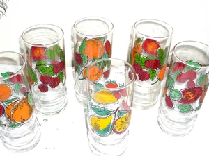 6 Gläser Trinkgläser Wassergläser Longdrink Gläser Saft Obstdekor 70er vintage - Bild 1 von 3