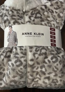 Anne Klein Animal Print L/XL Gray & White Fleece Zip Front Closure Faux Fur Robe - Picture 1 of 7