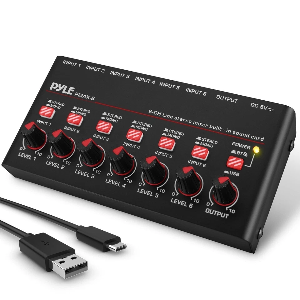 Pyle 6-Channel Wireless BT Line Mixer w/ USB Audio Interface & Flexible Control - Image 1 of 4