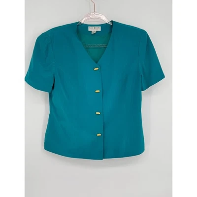 Blazer feminino SHOMI azul-petróleo dourado com botão de seda manga curta gola V tamanho 12 top vintage - Imagem 1 de 4
