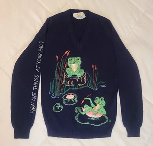 Vintage 70er Jahre bestickt Frösche dunkelblau schöner Pullover (S) Cyn Totles einzigartig süß - Bild 1 von 24