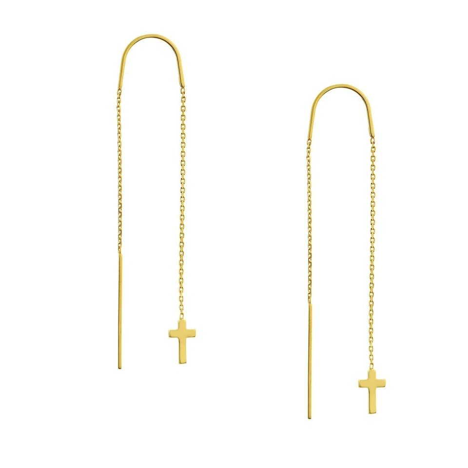 Cross Cable Chain Threader Earrings Real 14K Yellow Gold 1.00 grams - Image 1 of 4