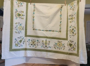 "Mantel Vintage Blanco con Borde Verde Azul Flores País Francés 64"" x 52" - Imagen 1 de 8