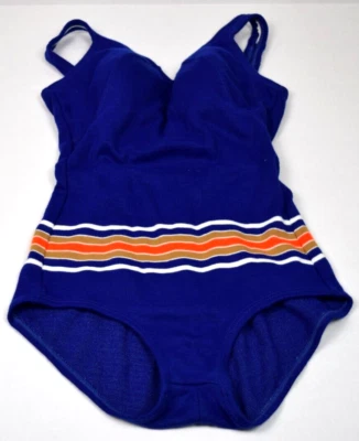 复古泳装 Jantzen 尺码 12 S 60s 针织蓝色连体裤橙色中条纹 — 第 1/4 张图片